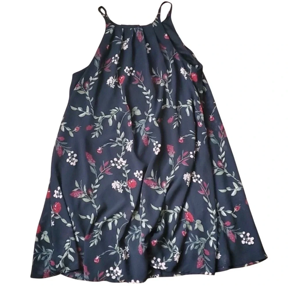 Black Rose Floral Halter Chiffon Pleated Shift Dress Size‎ Medium
